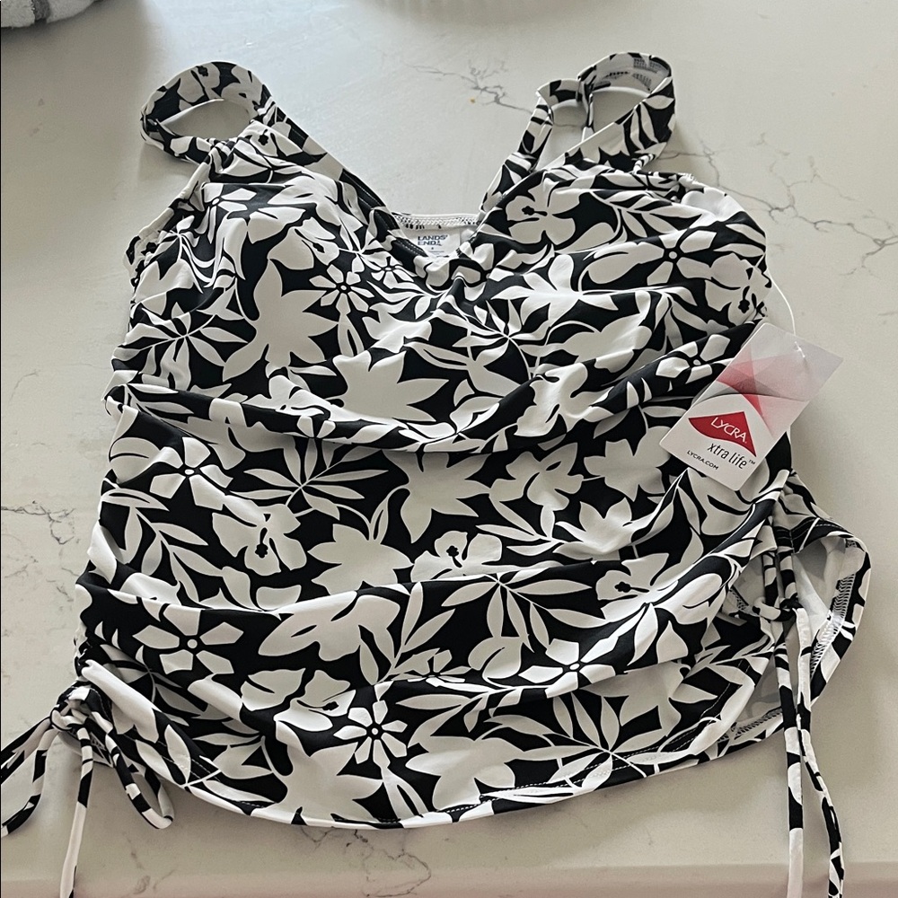 Lands' End Black and White Floral Swim Tank Top
